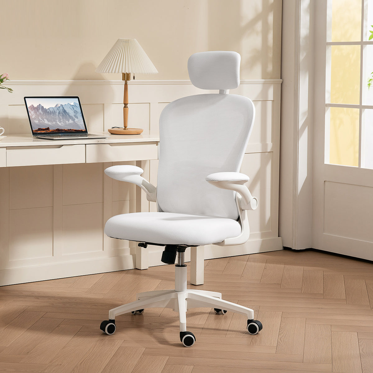 Mesh Office Chair with 4D Lumbar Support - White-Office Products > Office Furniture > Office Chairs-DECOROLALA
