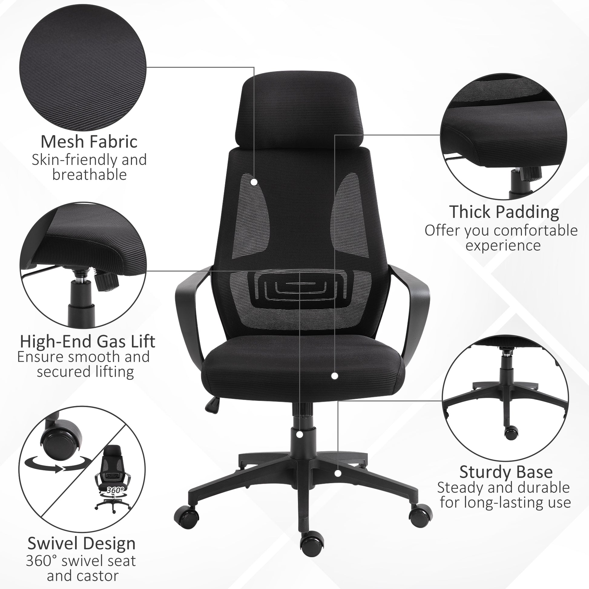 Mesh Office Chair with Up&Down Headrest, Ergonomic Computer Desk Chair with Adjustable Tilt Angle, Height Adjustable Swivel Seat with Lumbar Support for Office, Black-Office Products > Office Furniture > Office Chairs > Task Chairs-DECOROLALA
