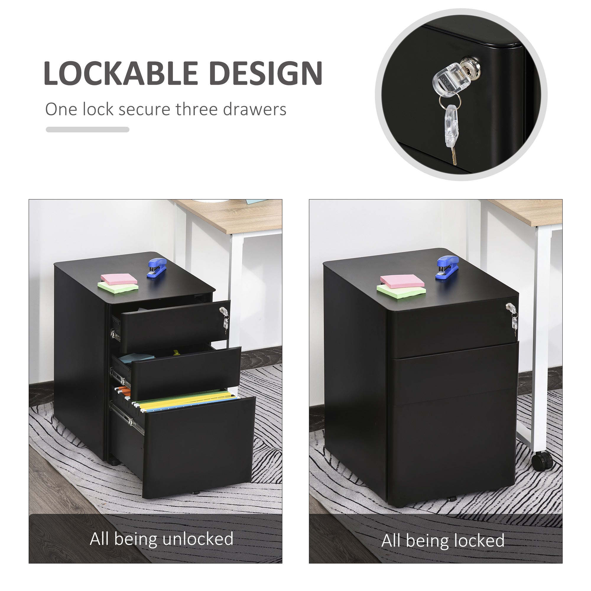 Metal 3-Drawer File Cabinet, Black with Wheels for A4, Legal Files-DECOROLALA