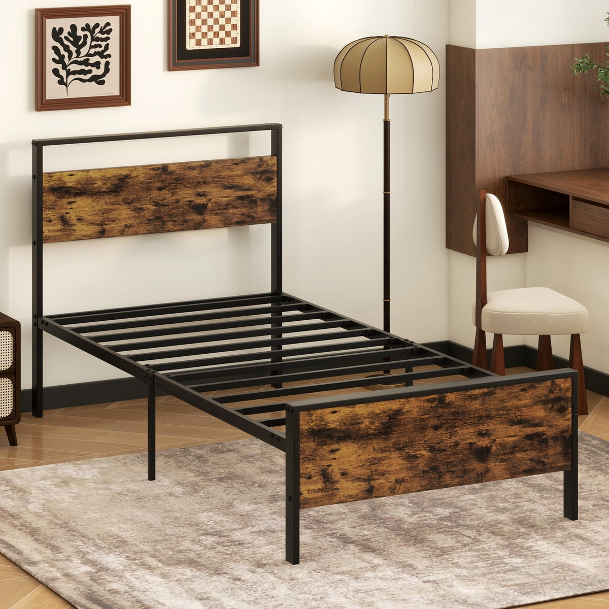 Metal Bed Frame Industrial Platform Bed with Wooden Headboard-Simple Bed Frame-DECOROLALA