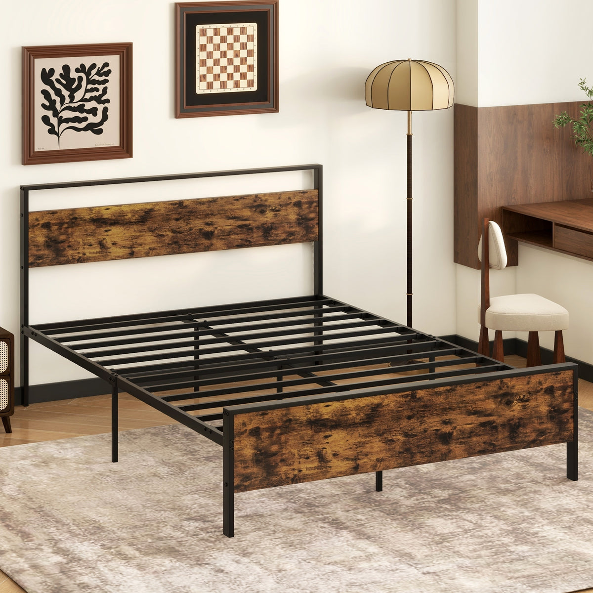 Metal Bed Frame Industrial Platform Bed with Wooden Headboard-Simple Bed Frame-DECOROLALA