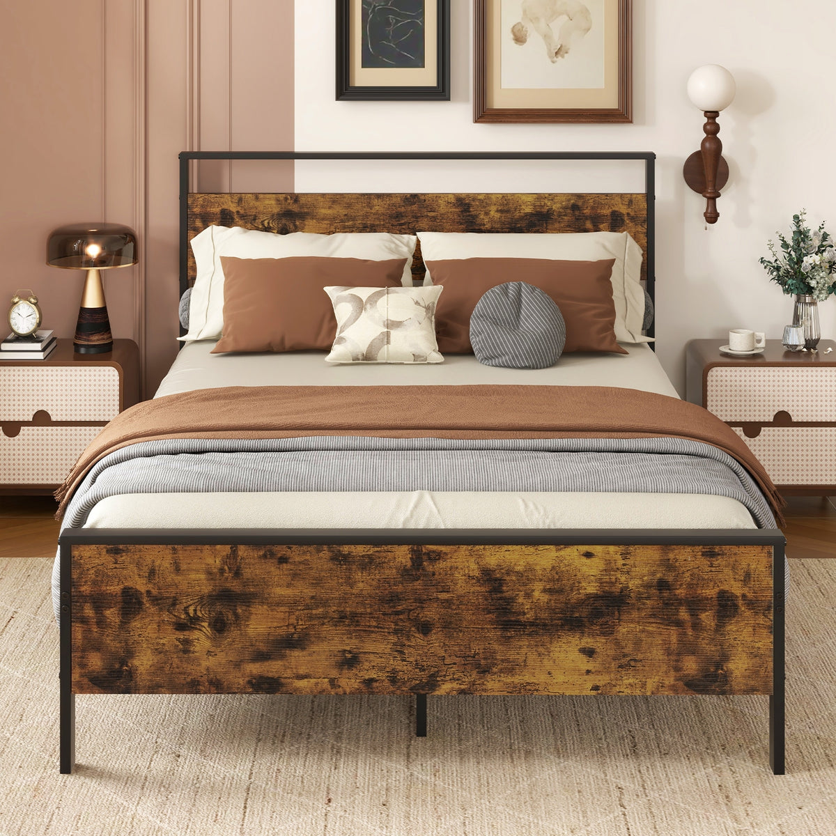 Metal Bed Frame Industrial Platform Bed with Wooden Headboard-Simple Bed Frame-DECOROLALA