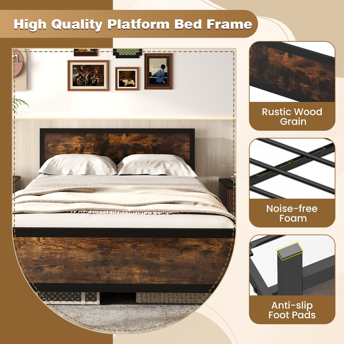 Metal Bed Frame with Headboard and Footboard-Queen Size-Simple Bed Frame-DECOROLALA