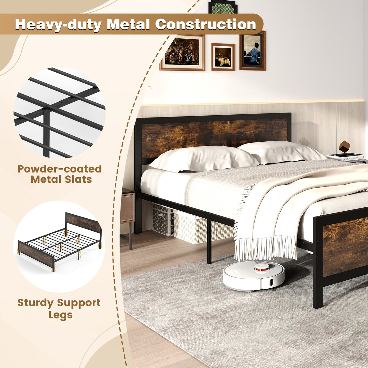 Metal Bed Frame with Headboard and Footboard-Queen Size-Simple Bed Frame-DECOROLALA