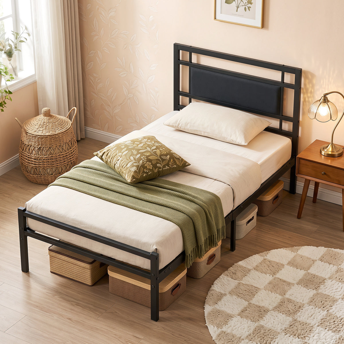 Metal Bed Frame with Upholstered Headboard-Twin Size-Beds & Bed Frames-DECOROLALA