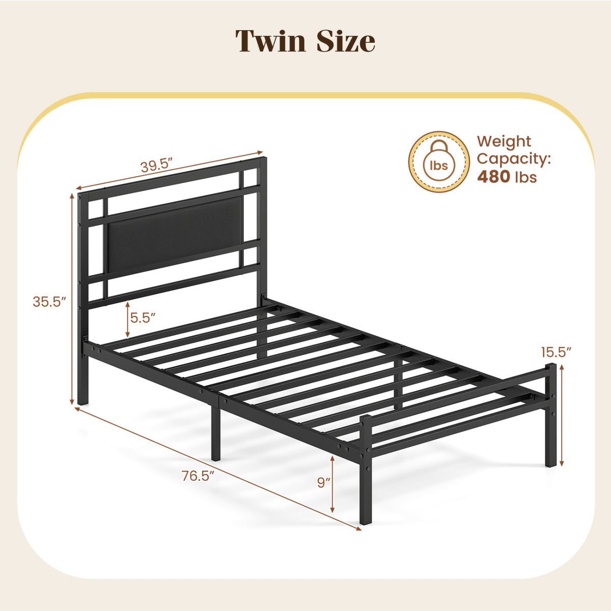 Metal Bed Frame with Upholstered Headboard-Twin Size-Beds & Bed Frames-DECOROLALA