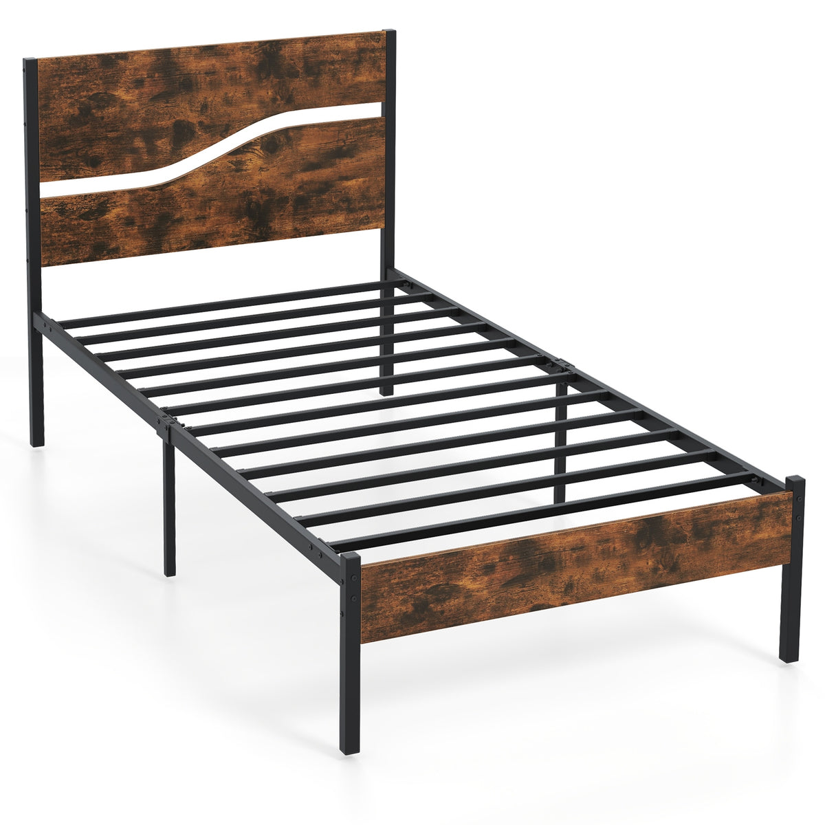 Metal Bed Frame with Wooden Headboard and Footboard-Simple Bed Frame-DECOROLALA