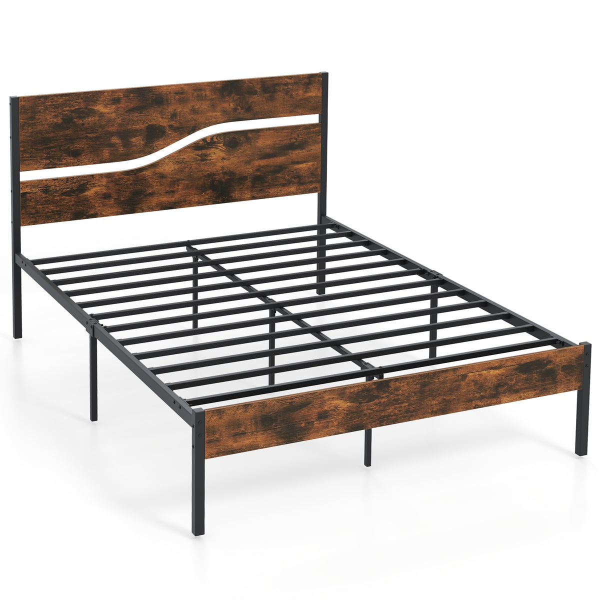 Metal Bed Frame with Wooden Headboard and Footboard-Simple Bed Frame-DECOROLALA
