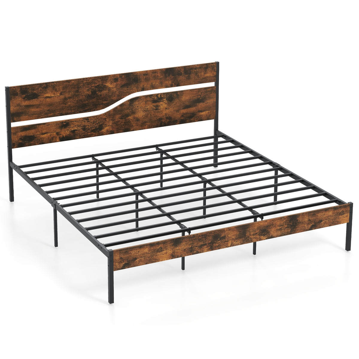 Metal Bed Frame with Wooden Headboard and Footboard-Simple Bed Frame-DECOROLALA