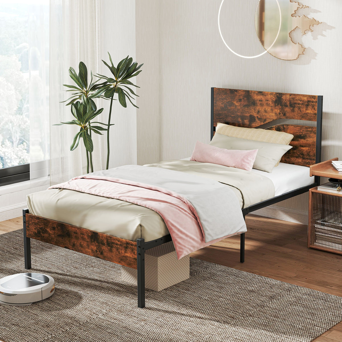 Metal Bed Frame with Wooden Headboard and Footboard-Simple Bed Frame-DECOROLALA