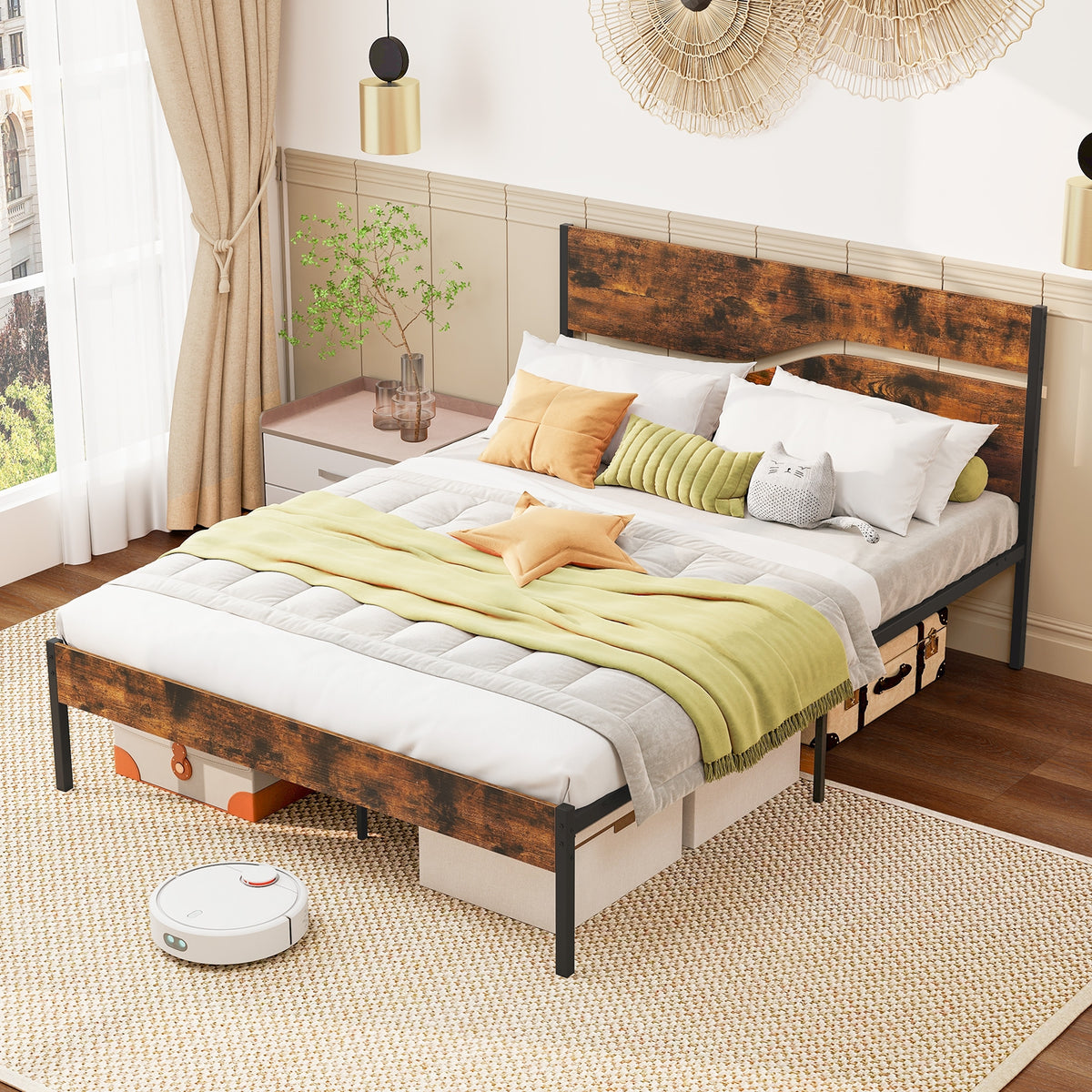 Metal Bed Frame with Wooden Headboard and Footboard-Simple Bed Frame-DECOROLALA