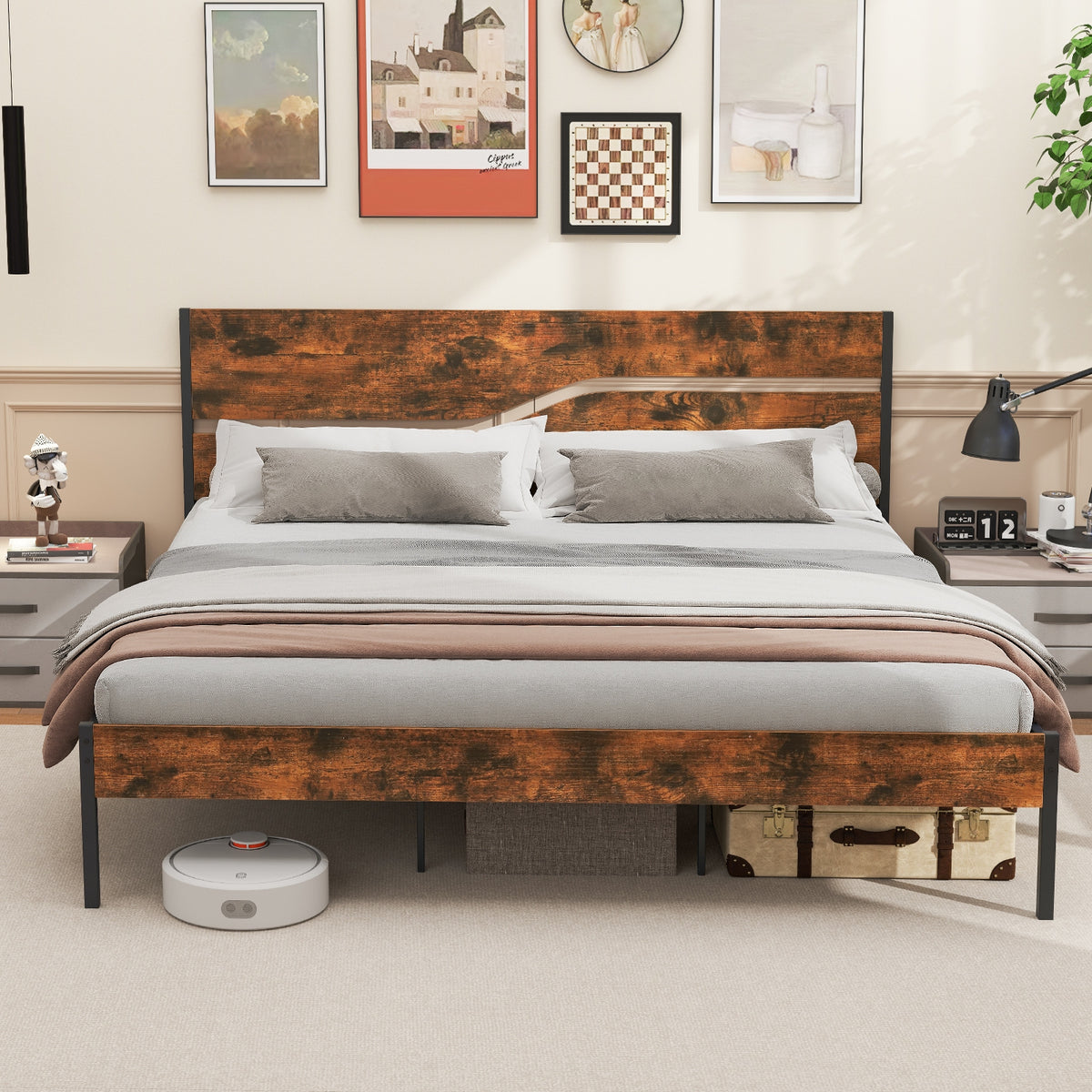 Metal Bed Frame with Wooden Headboard and Footboard-Simple Bed Frame-DECOROLALA