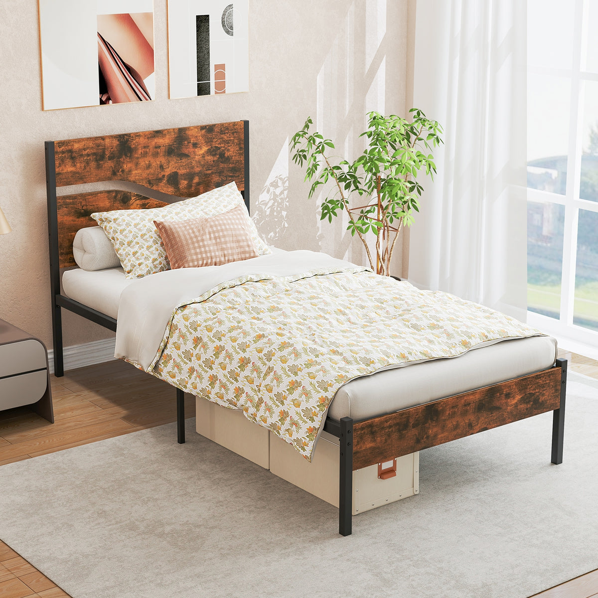 Metal Bed Frame with Wooden Headboard and Footboard-Simple Bed Frame-DECOROLALA