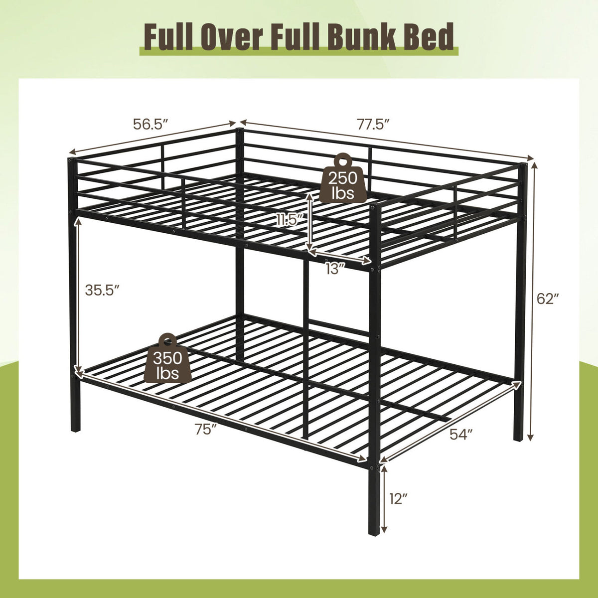 Metal Bunk Bed Full Over Full with Length Safety Guardrail-Black-Bunk Bed Frame-DECOROLALA