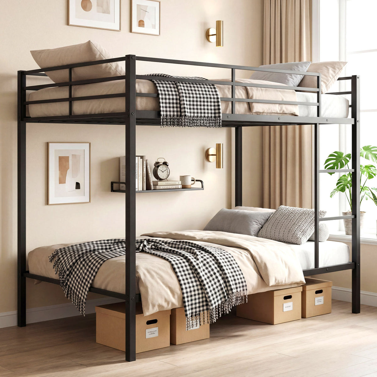 Metal Bunk Bed Full Over Full with Length Safety Guardrail-Black-Bunk Bed Frame-DECOROLALA