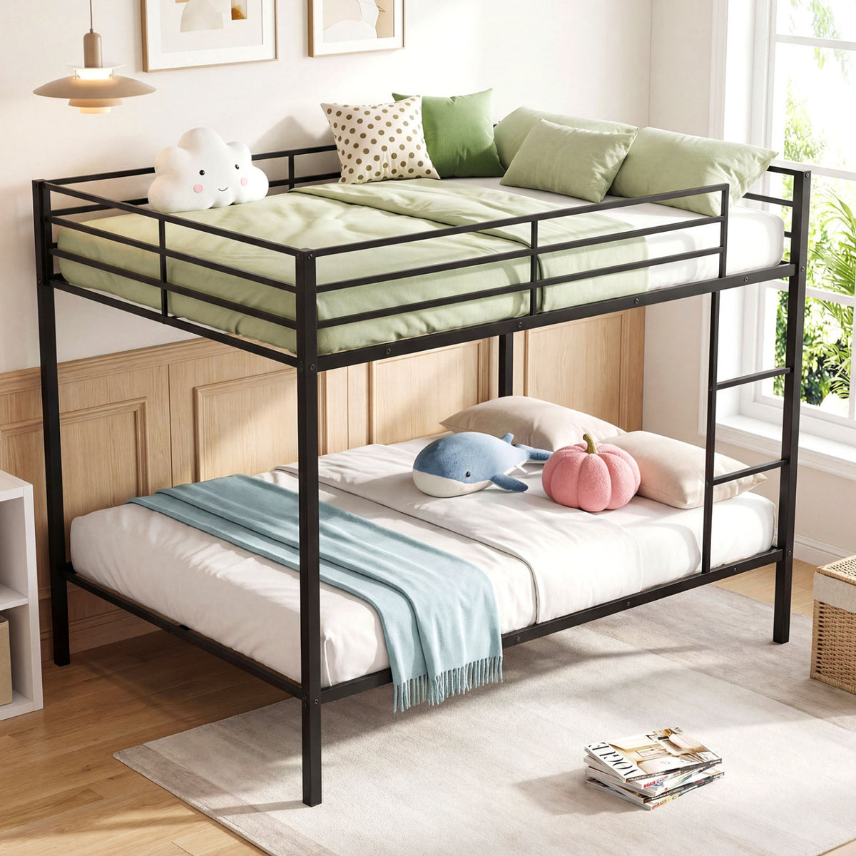 Metal Bunk Bed Full Over Full with Length Safety Guardrail-Black-Bunk Bed Frame-DECOROLALA