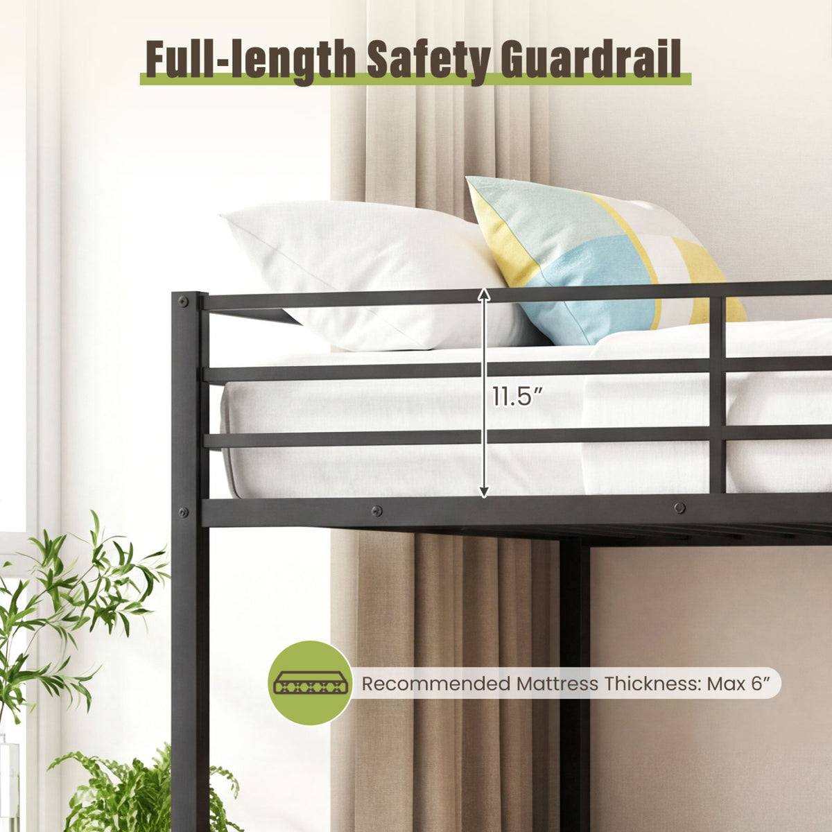 Metal Bunk Bed Full Over Full with Length Safety Guardrail-Black-Bunk Bed Frame-DECOROLALA
