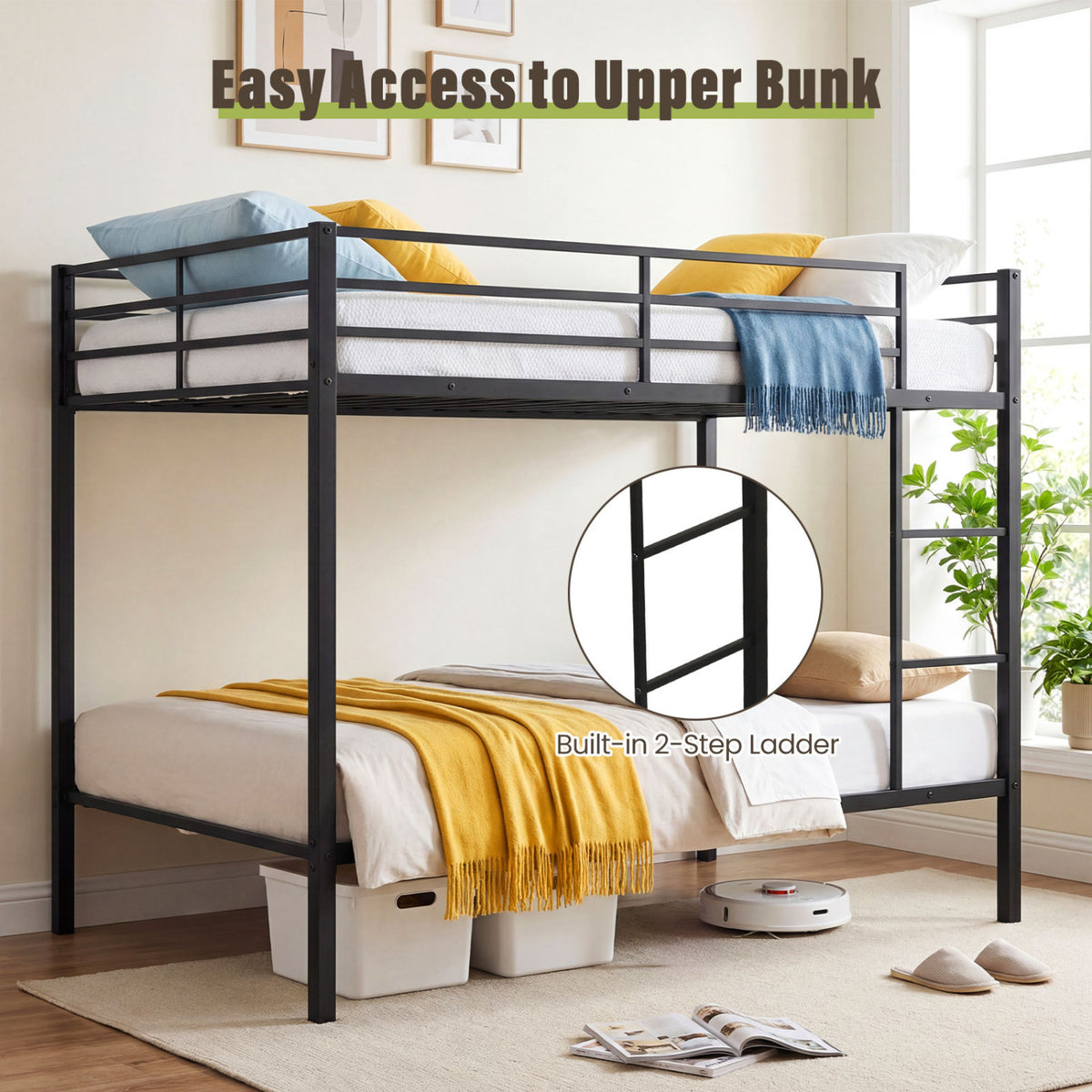 Metal Bunk Bed Full Over Full with Length Safety Guardrail-Black-Bunk Bed Frame-DECOROLALA