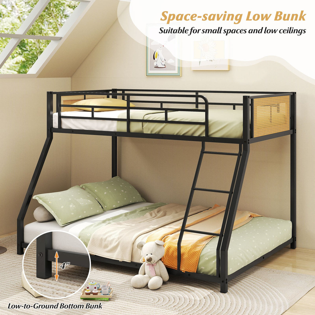 Metal Bunk Bed Twin Over Full with Full Length Safety Guardrail and Ramp Ladder-Black-Toddler Beds-DECOROLALA