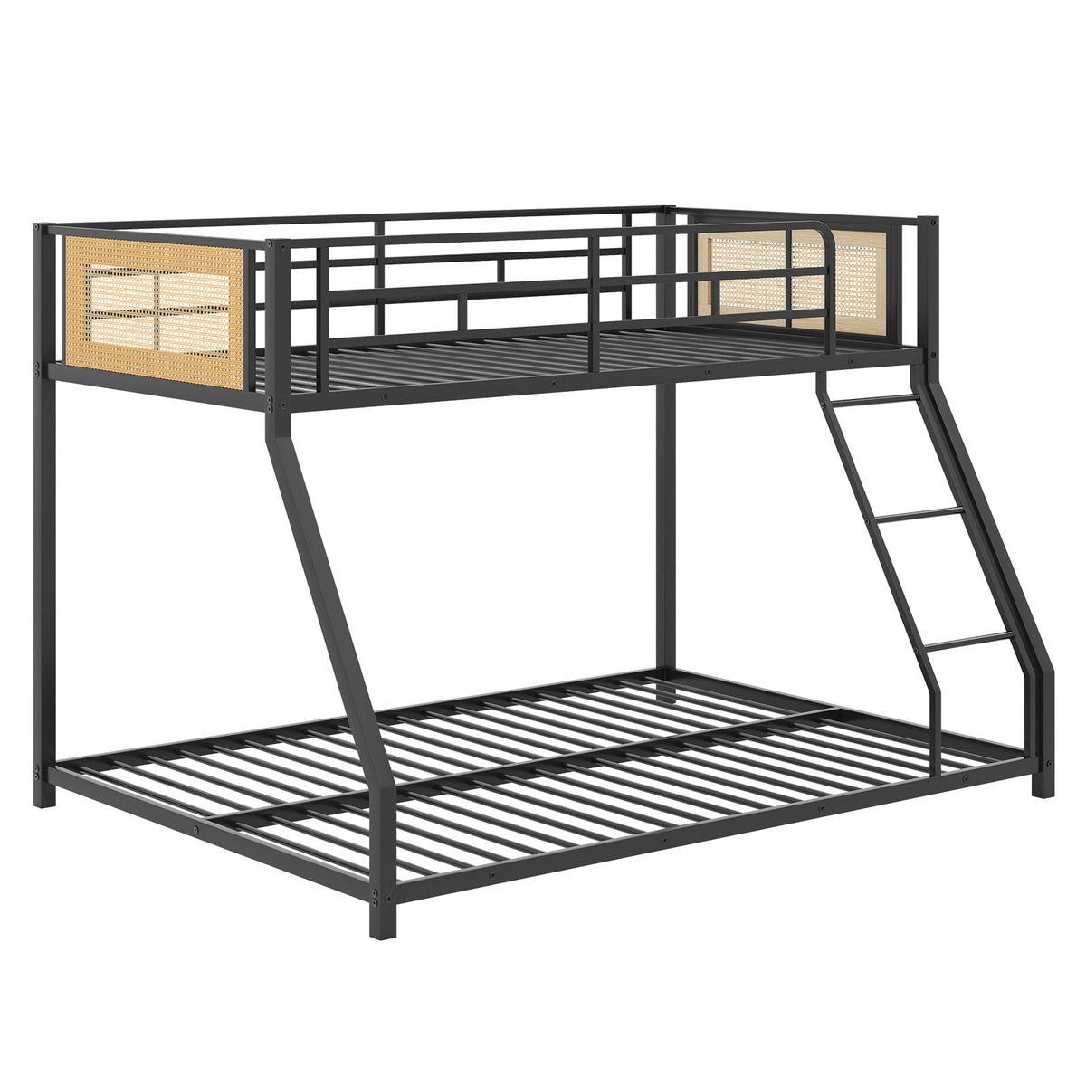 Metal Bunk Bed Twin Over Full with Full Length Safety Guardrail and Ramp Ladder-Black-Toddler Beds-DECOROLALA