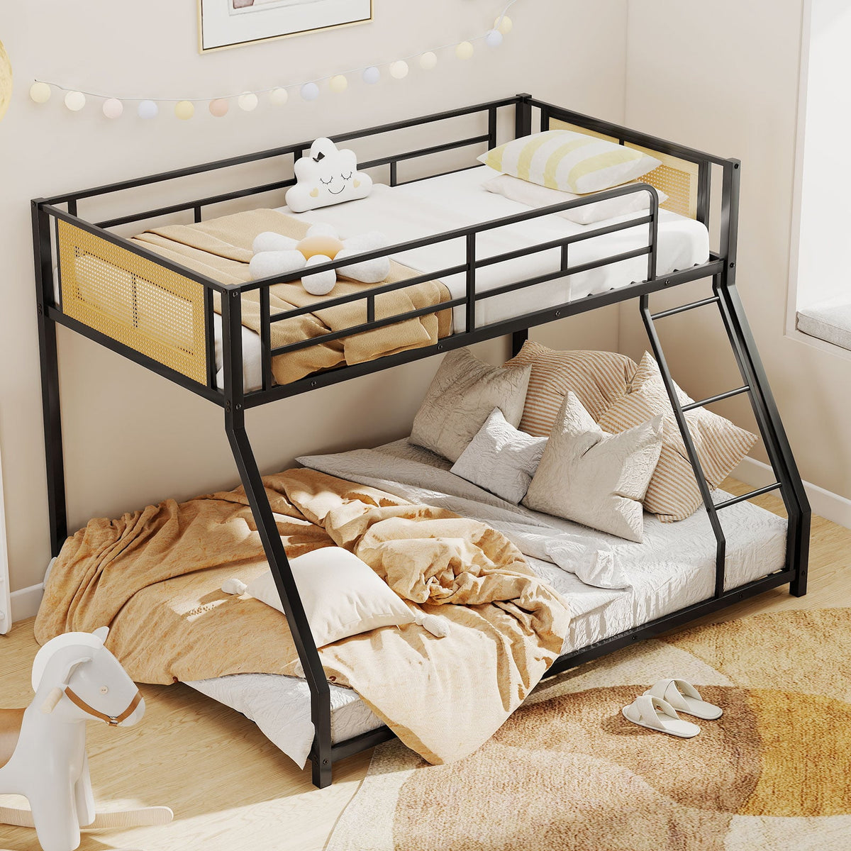 Metal Bunk Bed Twin Over Full with Full Length Safety Guardrail and Ramp Ladder-Black-Toddler Beds-DECOROLALA
