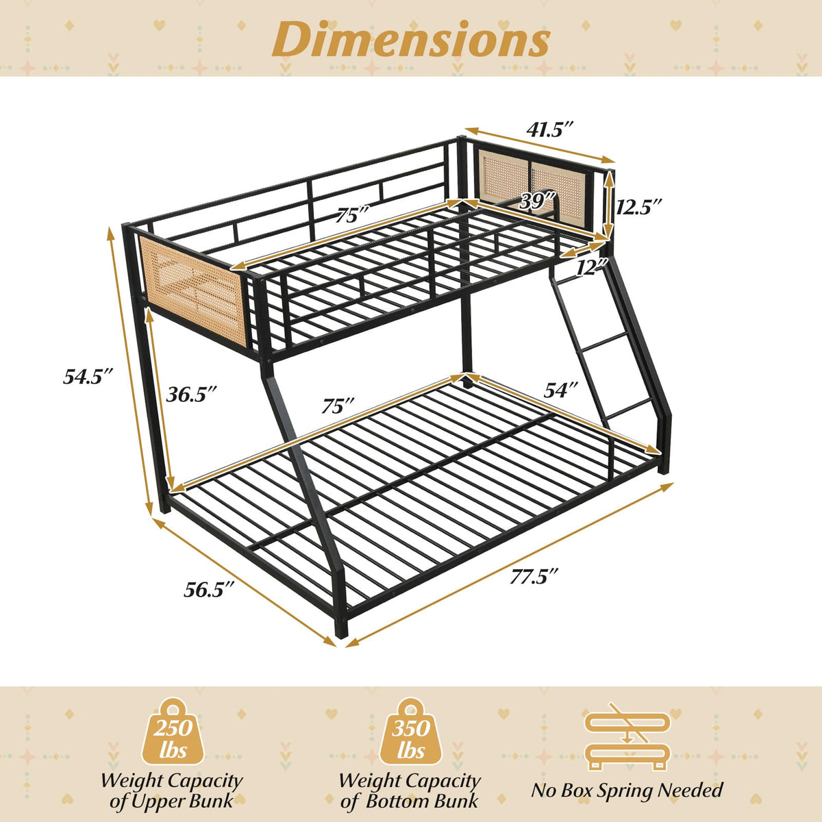 Metal Bunk Bed Twin Over Full with Full Length Safety Guardrail and Ramp Ladder-Black-Toddler Beds-DECOROLALA