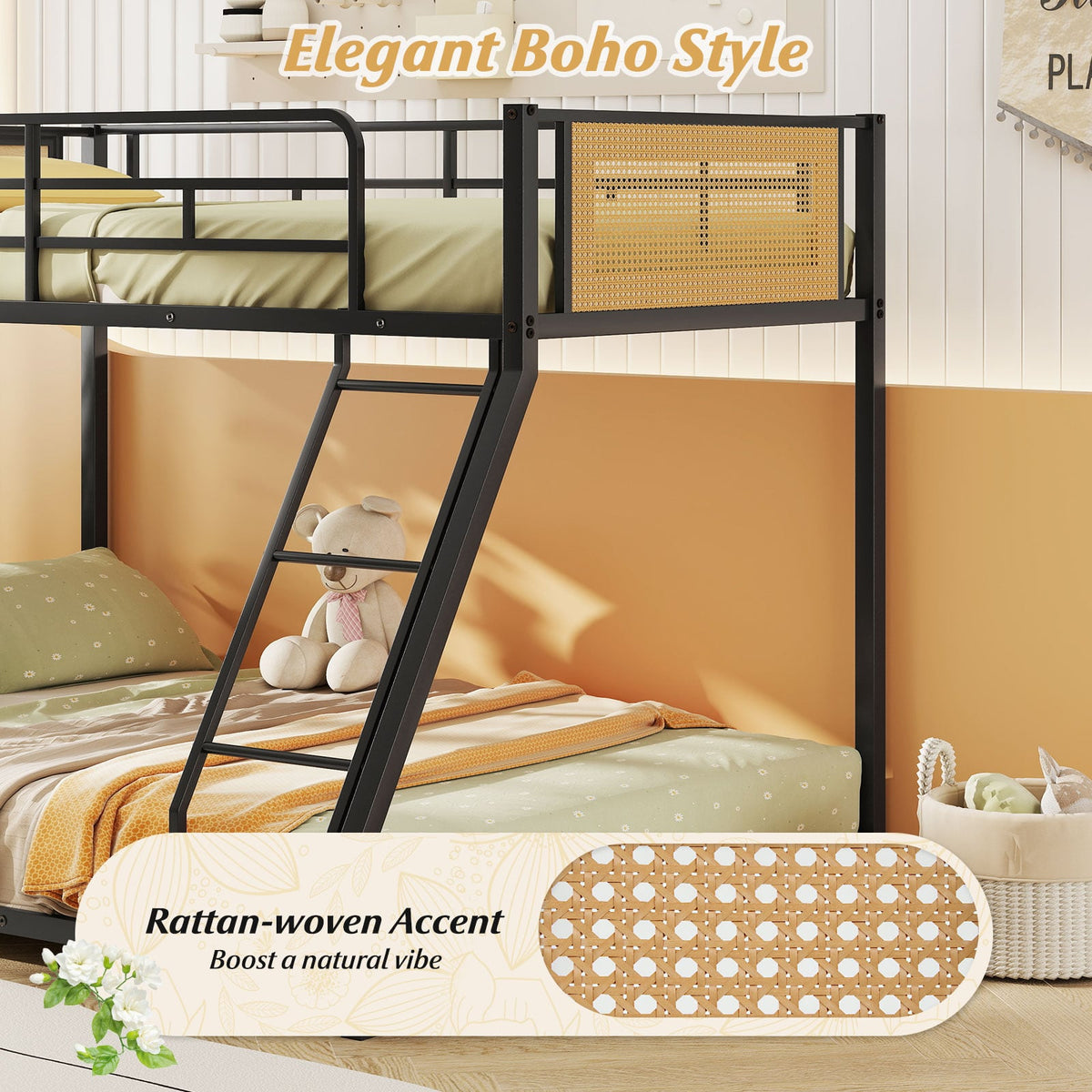 Metal Bunk Bed Twin Over Full with Full Length Safety Guardrail and Ramp Ladder-Black-Toddler Beds-DECOROLALA