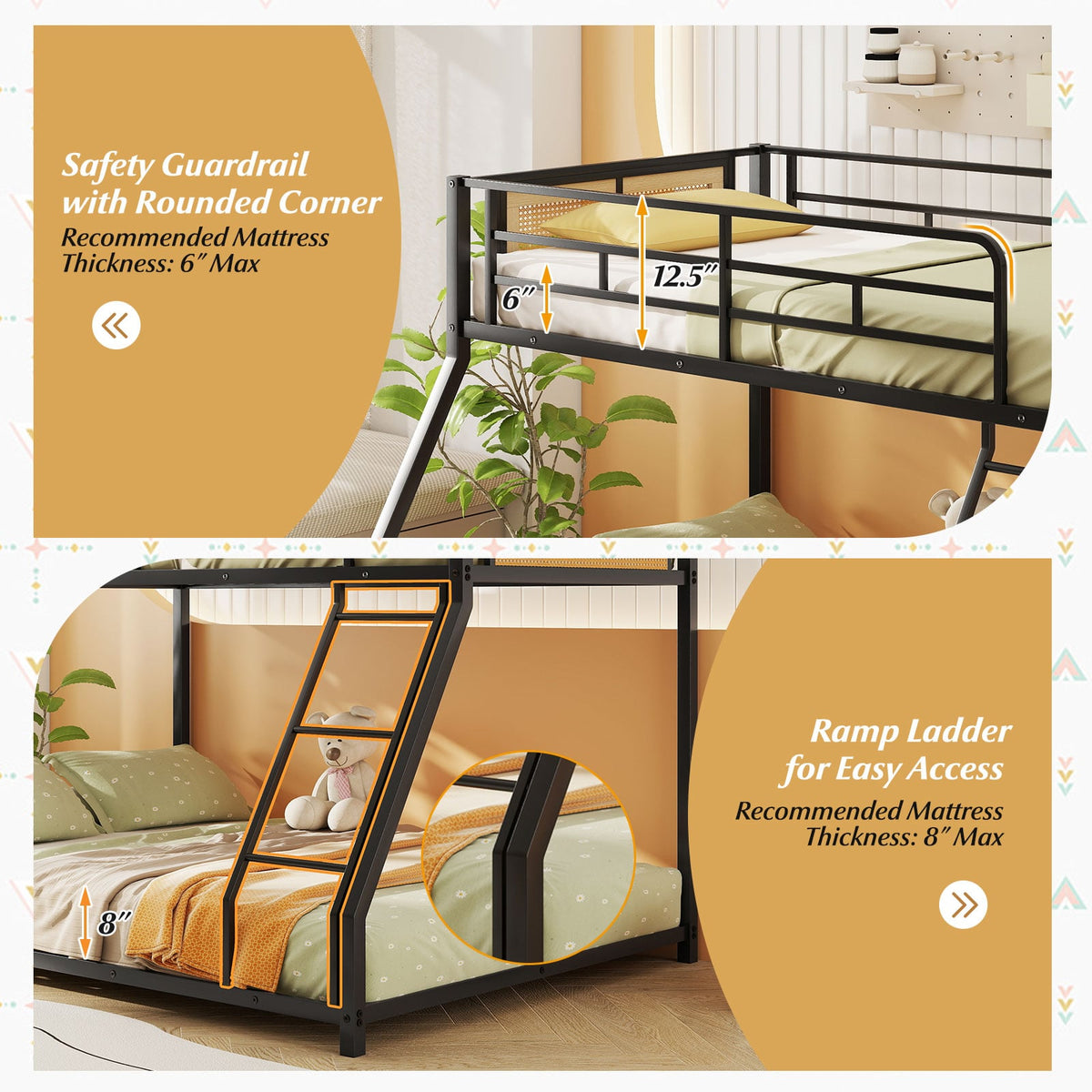 Metal Bunk Bed Twin Over Full with Full Length Safety Guardrail and Ramp Ladder-Black-Toddler Beds-DECOROLALA