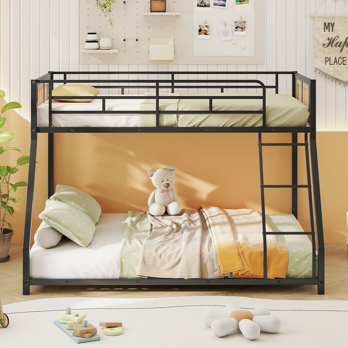 Metal Bunk Bed Twin Over Full with Full Length Safety Guardrail and Ramp Ladder-Black-Toddler Beds-DECOROLALA