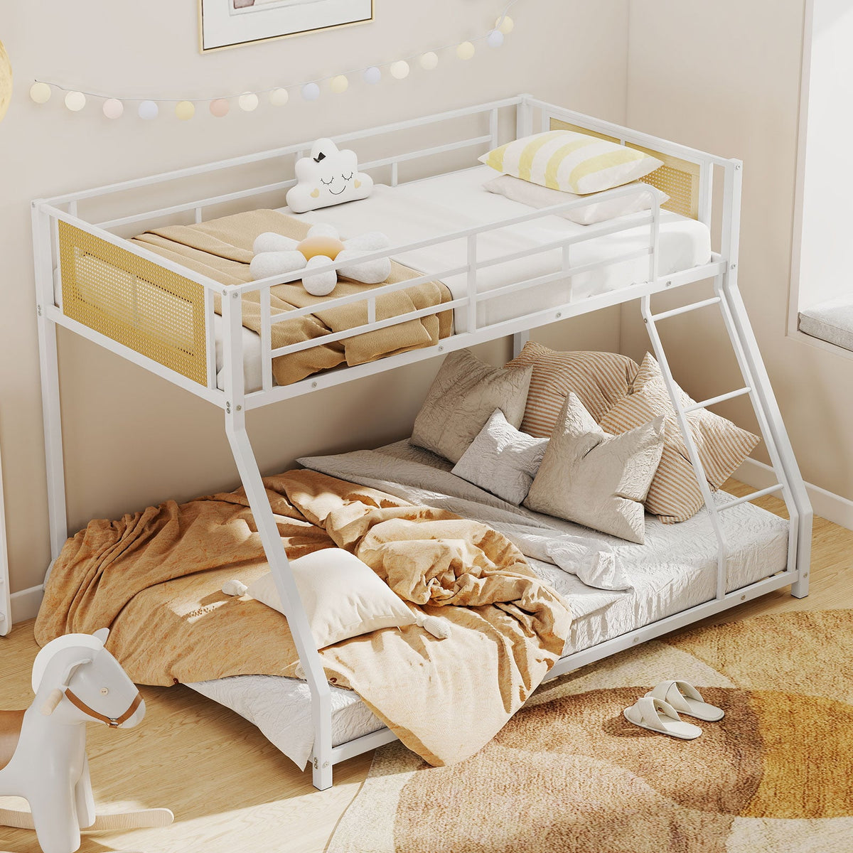Metal Bunk Bed Twin Over Full with Full Length Safety Guardrail and Ramp Ladder-White-Toddler Beds-DECOROLALA