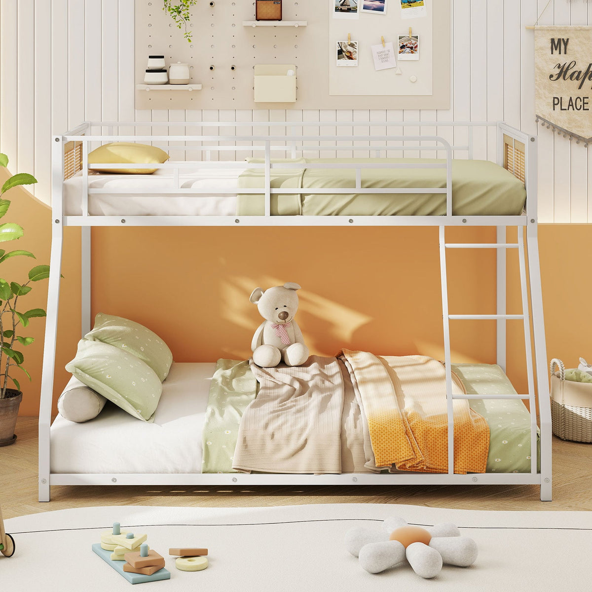 Metal Bunk Bed Twin Over Full with Full Length Safety Guardrail and Ramp Ladder-White-Toddler Beds-DECOROLALA