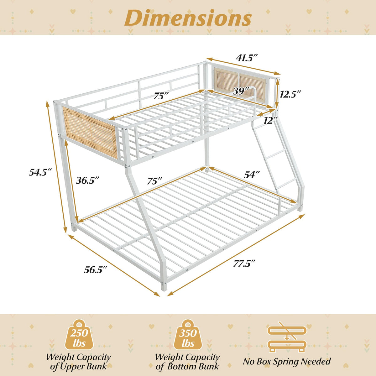 Metal Bunk Bed Twin Over Full with Full Length Safety Guardrail and Ramp Ladder-White-Toddler Beds-DECOROLALA