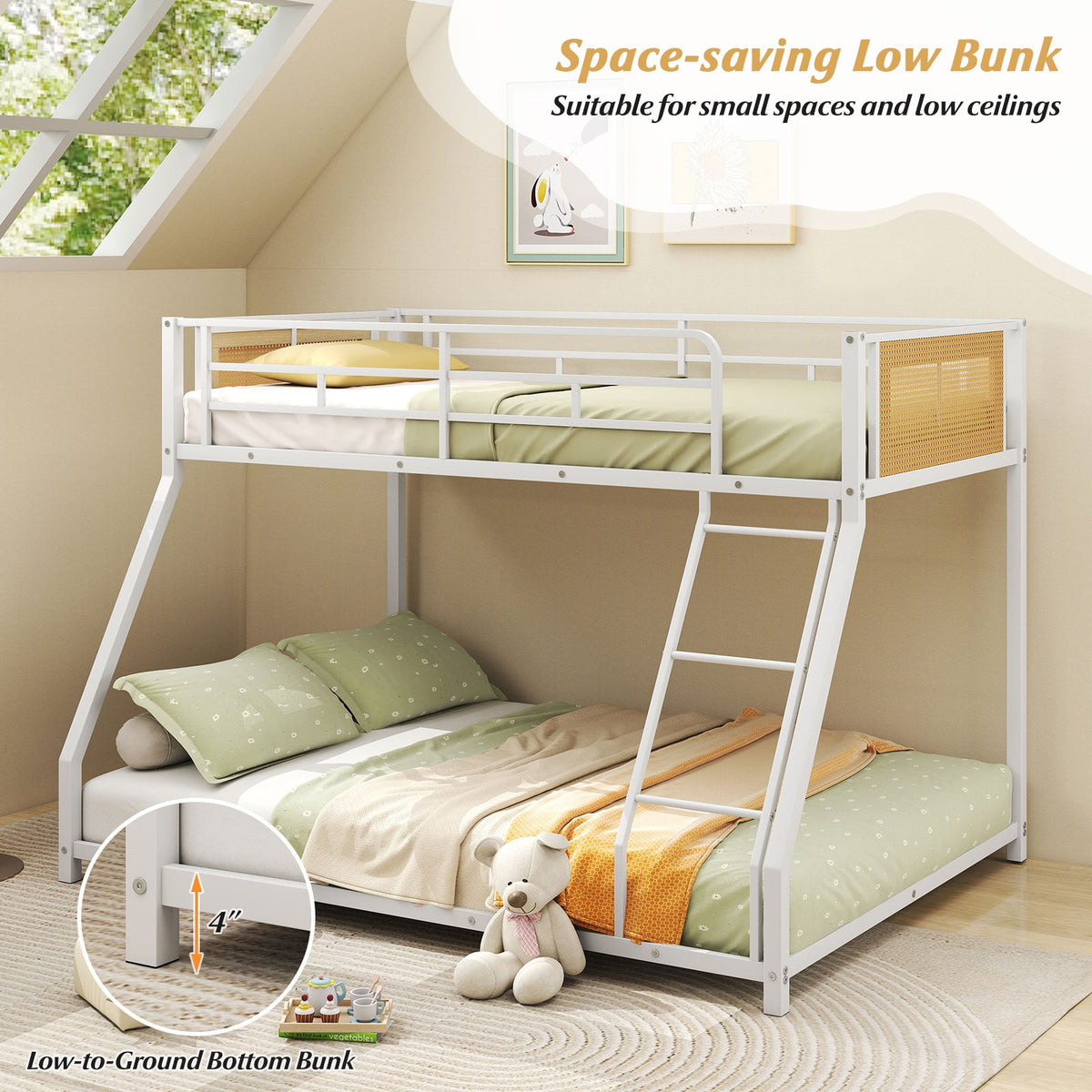 Metal Bunk Bed Twin Over Full with Full Length Safety Guardrail and Ramp Ladder-White-Toddler Beds-DECOROLALA