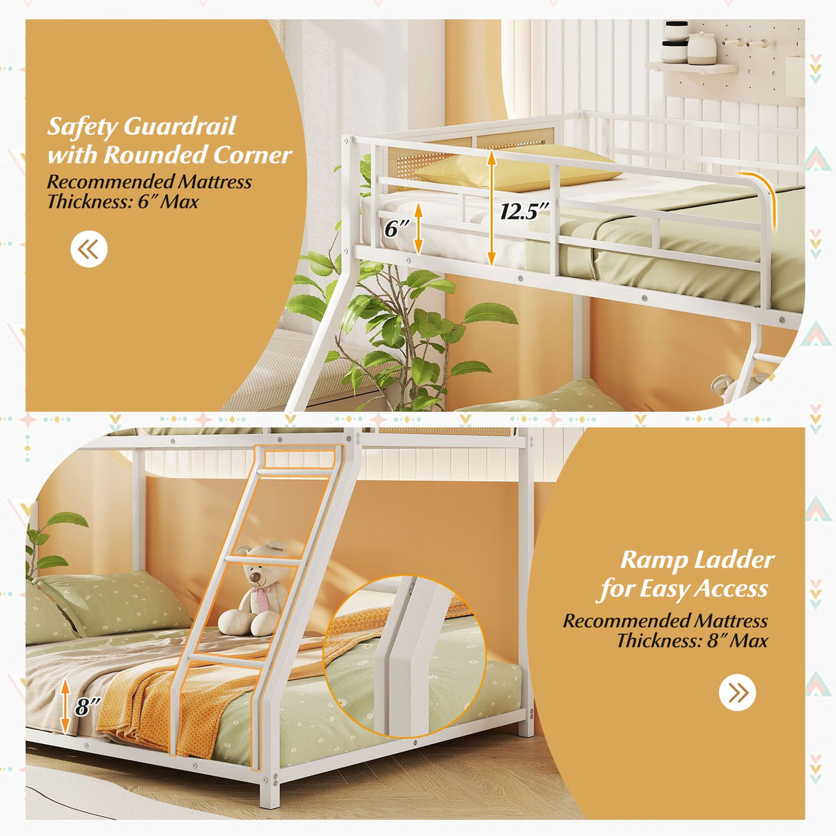 Metal Bunk Bed Twin Over Full with Full Length Safety Guardrail and Ramp Ladder-White-Toddler Beds-DECOROLALA