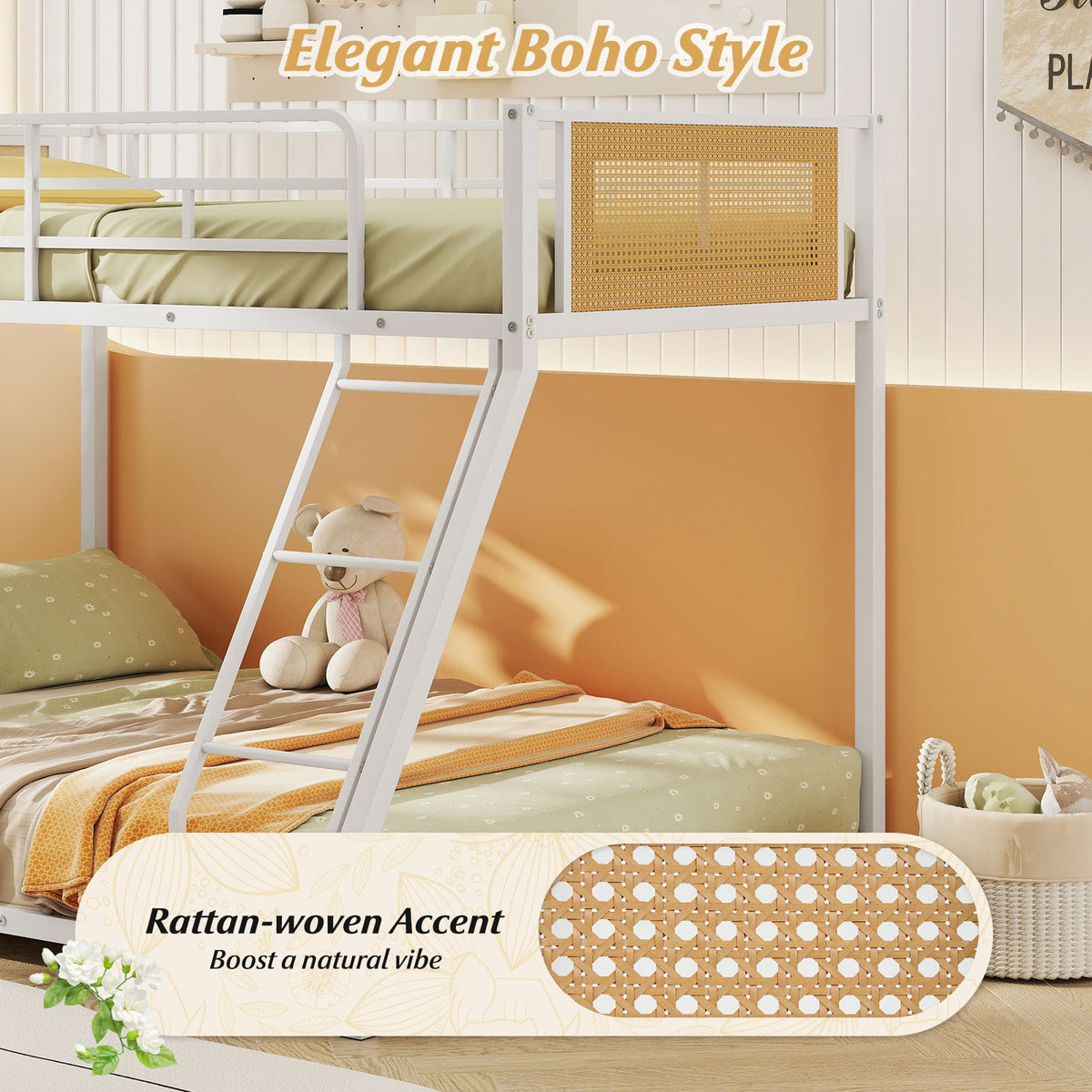 Metal Bunk Bed Twin Over Full with Full Length Safety Guardrail and Ramp Ladder-White-Toddler Beds-DECOROLALA