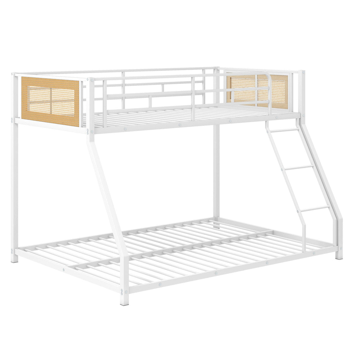 Metal Bunk Bed Twin Over Full with Full Length Safety Guardrail and Ramp Ladder-White-Toddler Beds-DECOROLALA