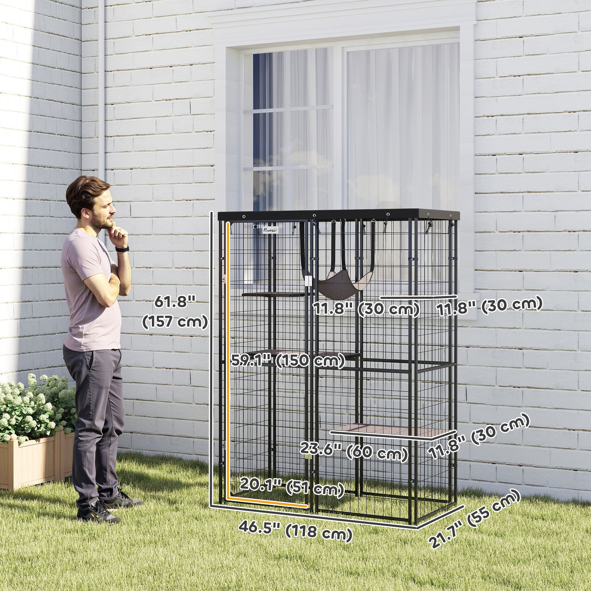 Metal Cat Cage - Waterproof, 4 Platforms, Hammock, Black, 46.5" x 22" x 62"-DECOROLALA