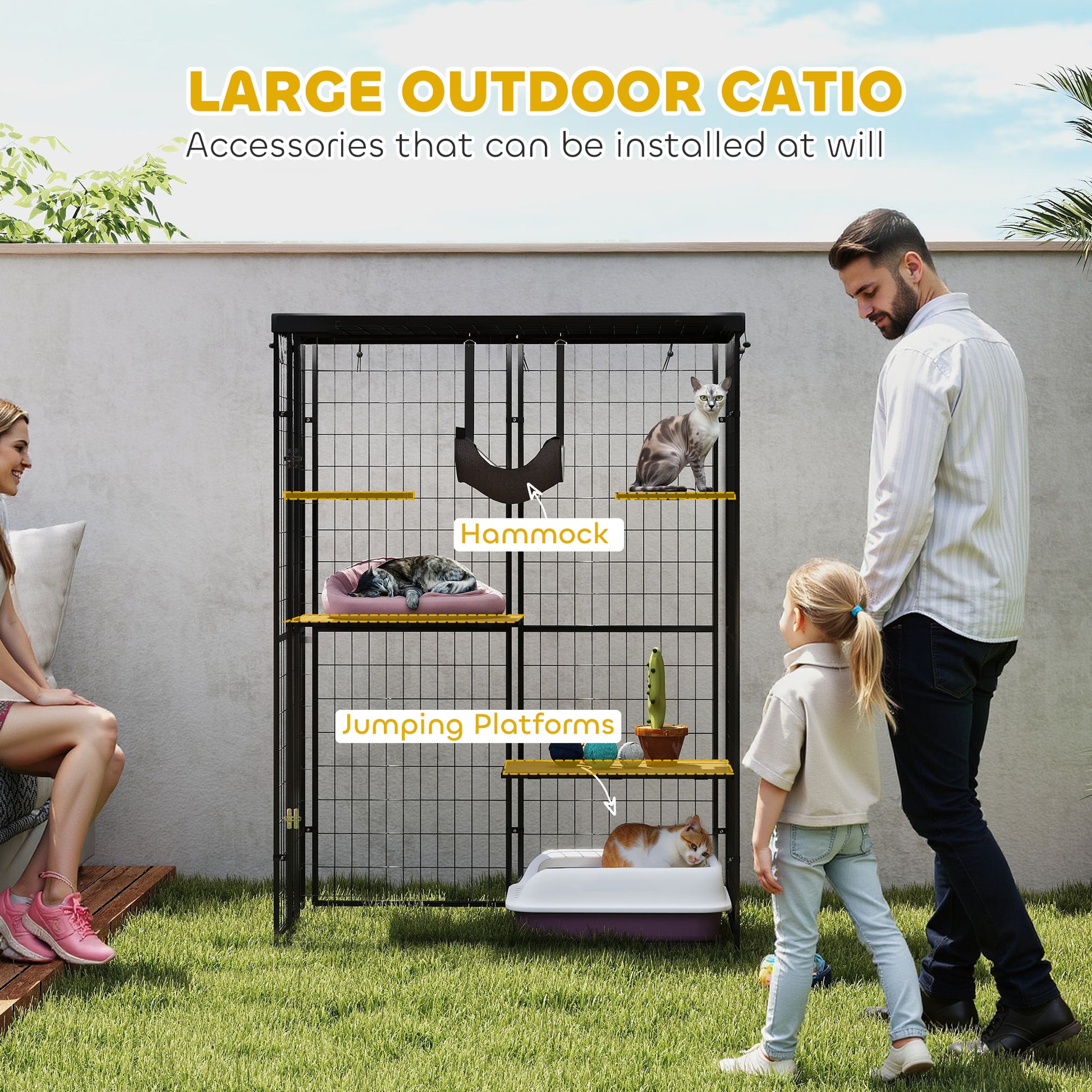 Metal Cat Cage - Waterproof, 4 Platforms, Hammock, Black, 46.5" x 22" x 62"-DECOROLALA