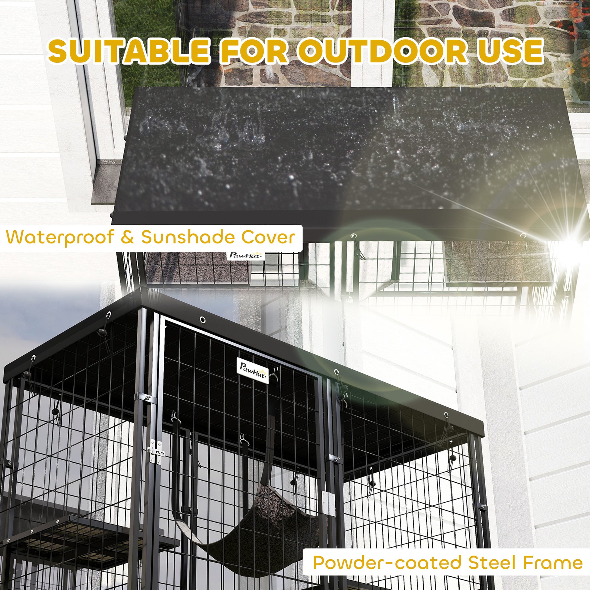 Metal Cat Cage - Waterproof, 4 Platforms, Hammock, Black, 46.5" x 22" x 62"-DECOROLALA