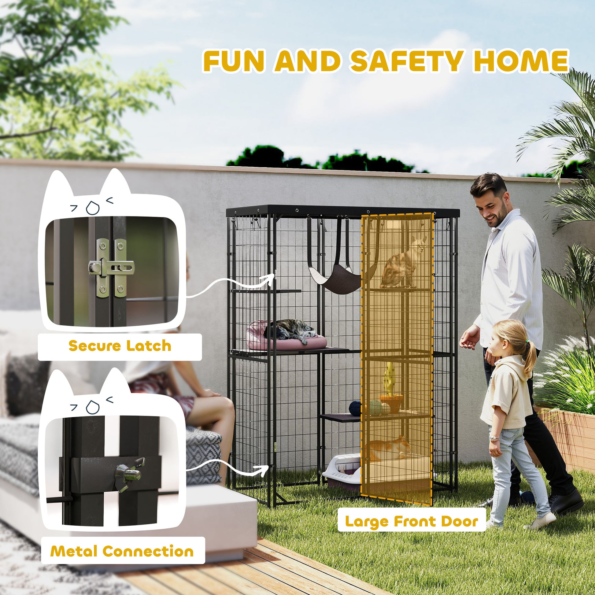 Metal Cat Cage - Waterproof, 4 Platforms, Hammock, Black, 46.5" x 22" x 62"-DECOROLALA
