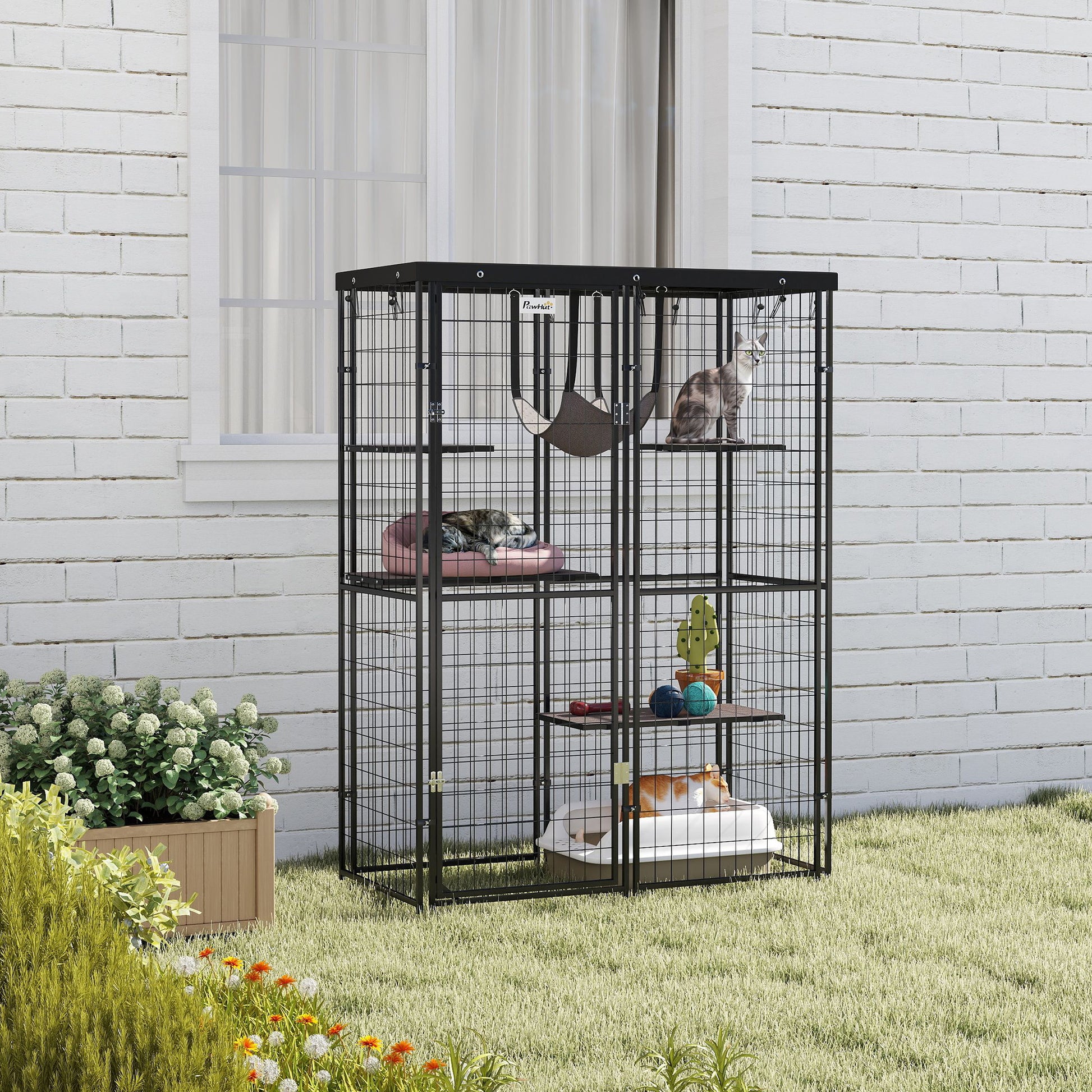 Metal Cat Cage - Waterproof, 4 Platforms, Hammock, Black, 46.5" x 22" x 62"-DECOROLALA