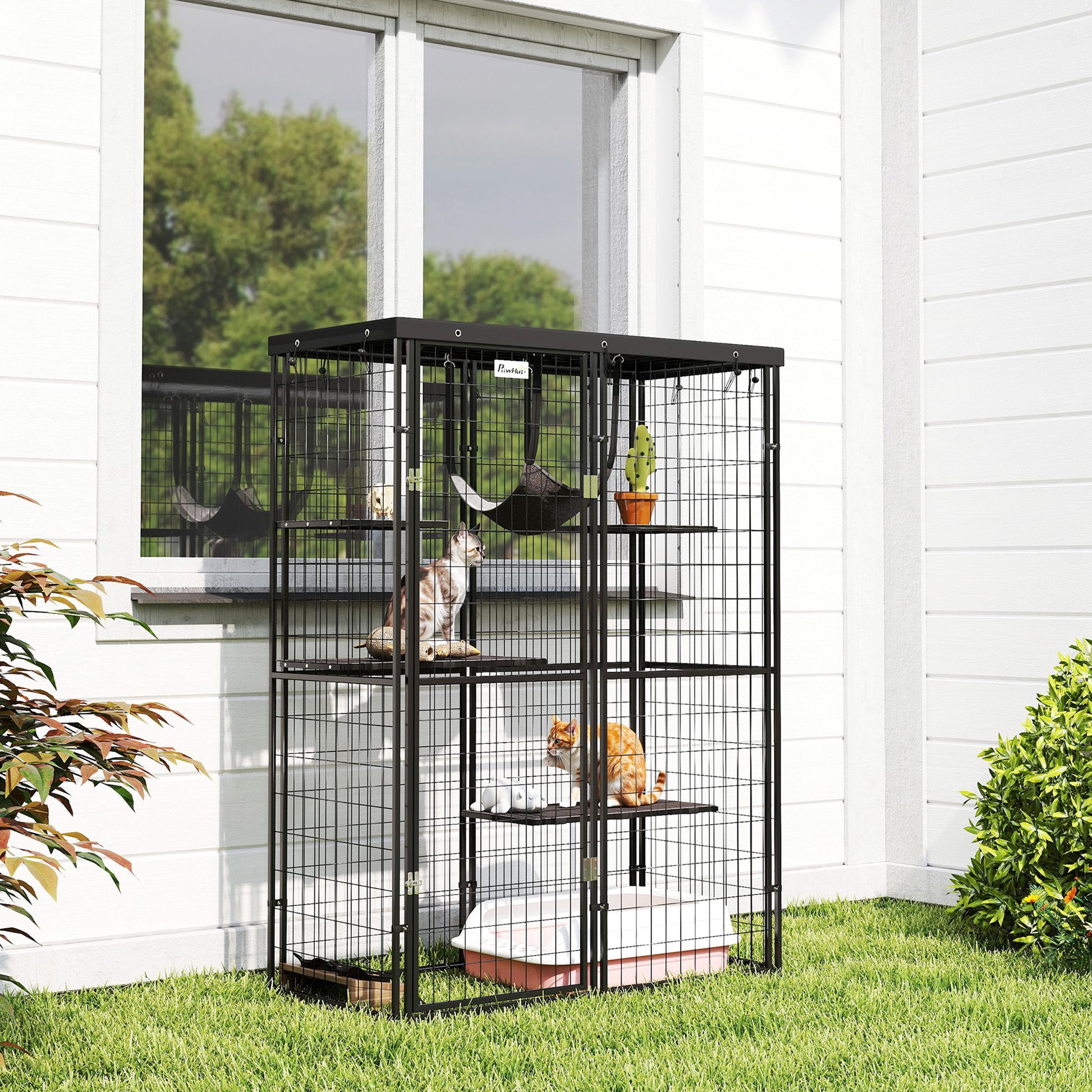 Metal Cat Cage - Waterproof, 4 Platforms, Hammock, Black, 46.5" x 22" x 62"-DECOROLALA