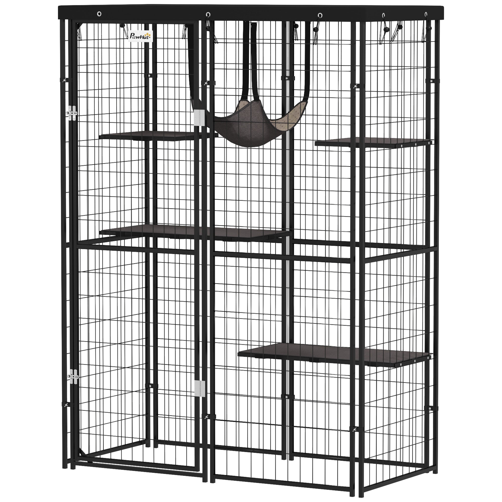 Metal Cat Cage - Waterproof, 4 Platforms, Hammock, Black, 46.5" x 22" x 62"-DECOROLALA
