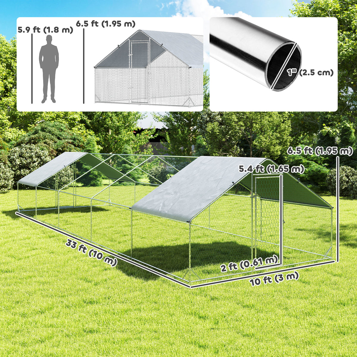 Metal Chicken Coop - 32.8' x 9.8' x 6.4' Galvanized Steel Run-Small Animals-DECOROLALA