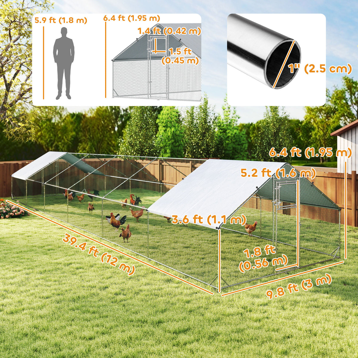 Metal Chicken Coop - 39.4' x 9.8' x 6.4' Galvanized Steel Run-Small Animals-DECOROLALA
