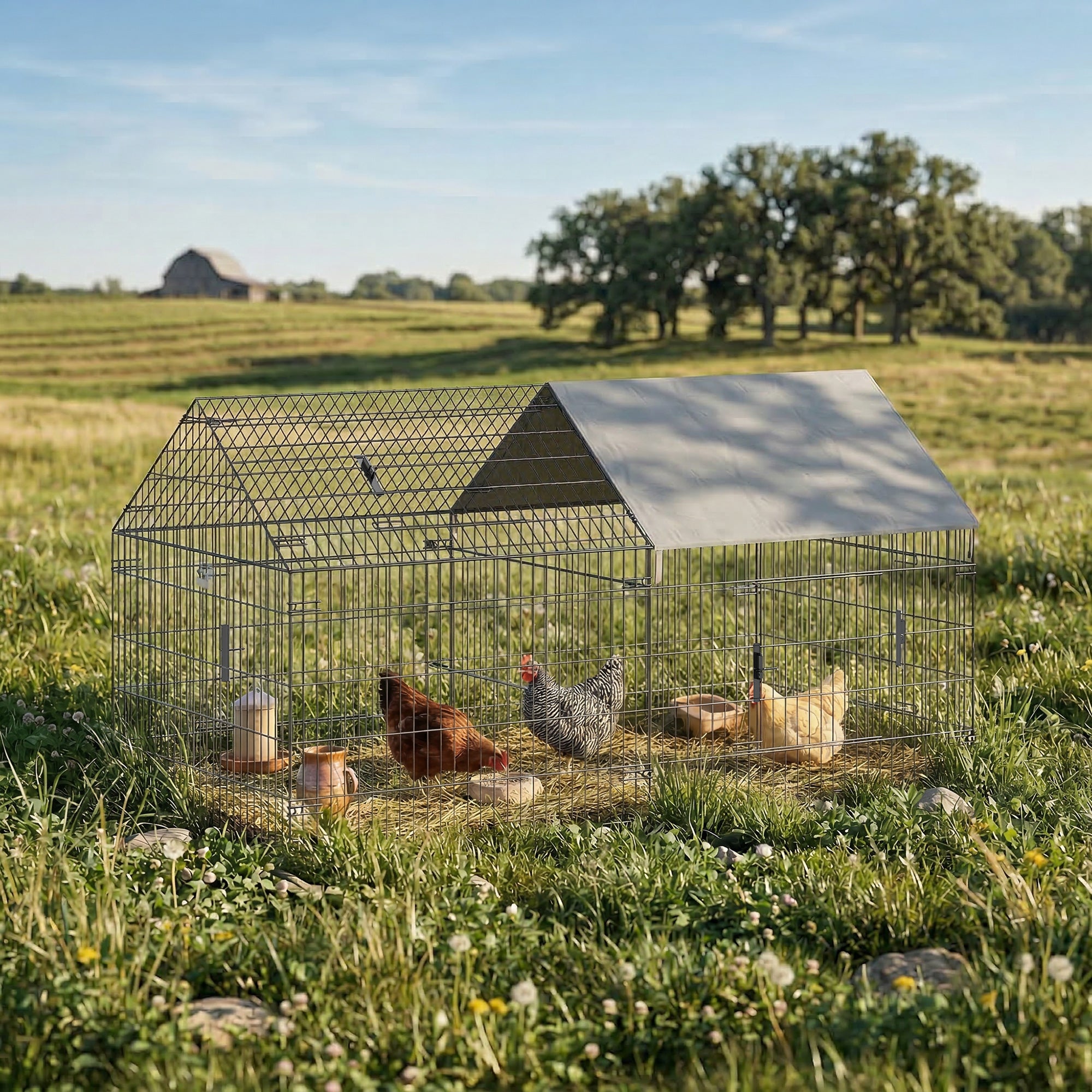 Metal Chicken Coop - 7' Large Outdoor Hen House with Cover-Small Animals-DECOROLALA