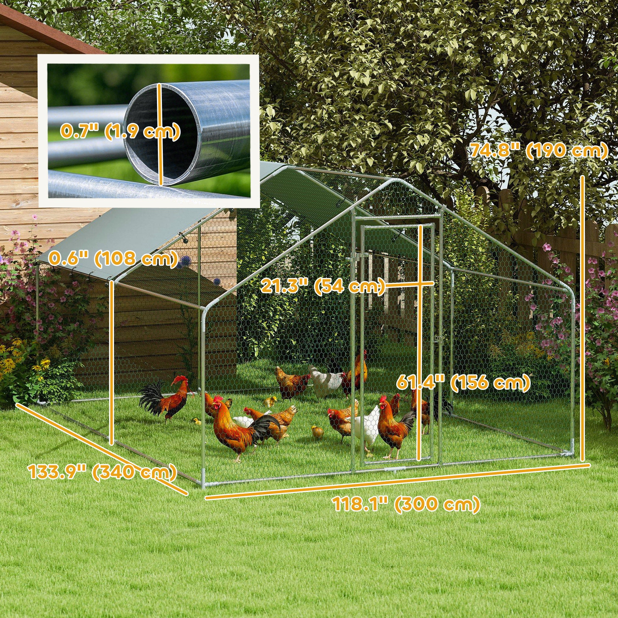 Metal Chicken Coop, 9.8 x 11.2 FT Walk-in Chicken Run with Cover, Lockable Door, Outdoor Poultry Cage for 10-15 Chickens-Small Animals-DECOROLALA