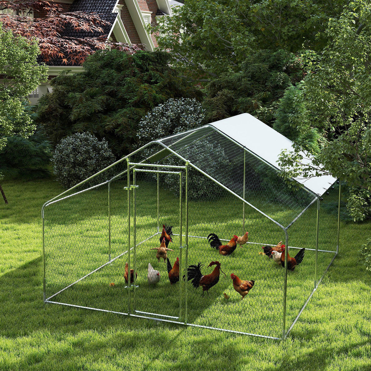 Metal Chicken Coop - 9.8 x 11.2 FT Walk-in Poultry Run with Cover-Small Animal Supplies-DECOROLALA