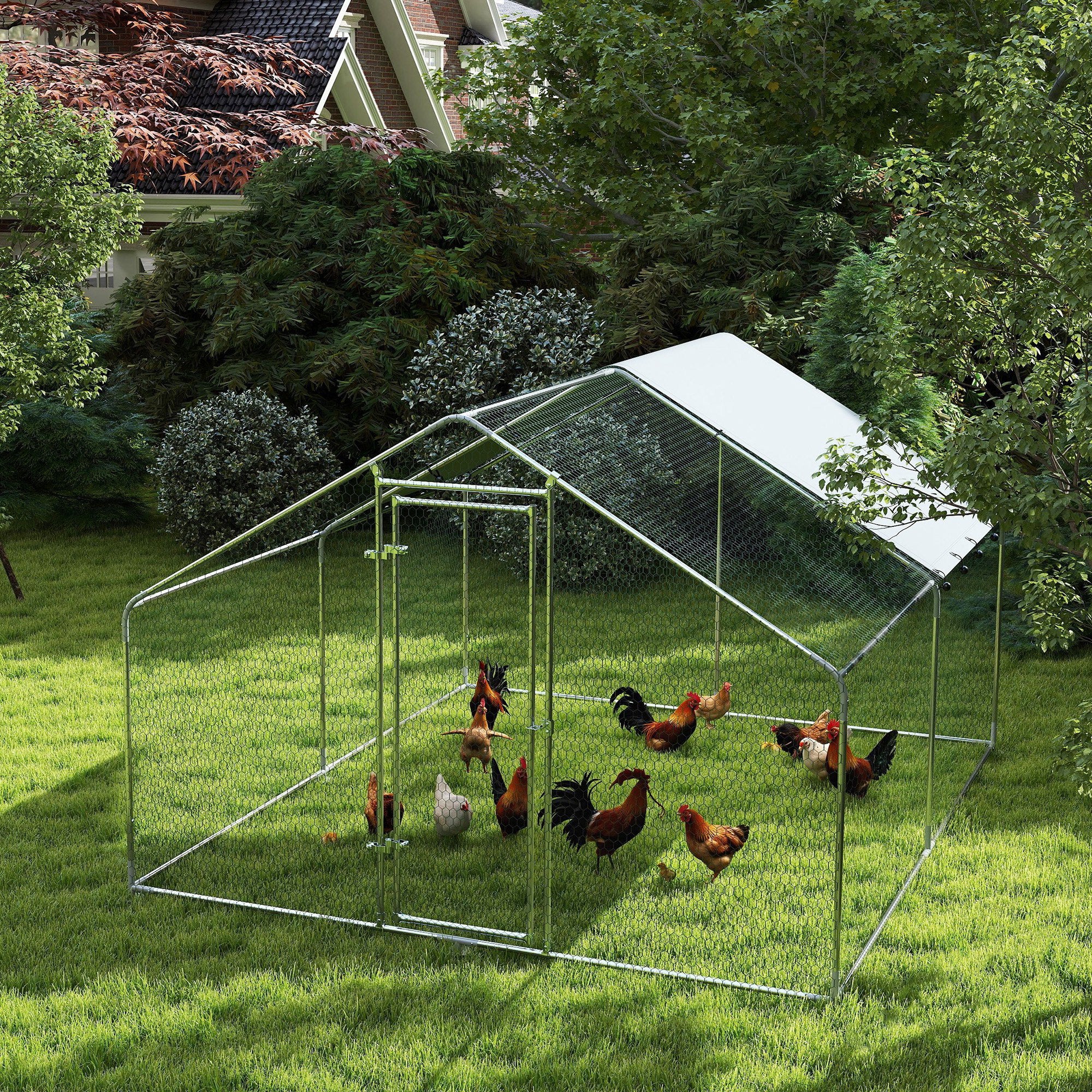 Metal Chicken Coop - 9.8 x 11.2 FT Walk-in Poultry Run with Cover-Small Animals-DECOROLALA