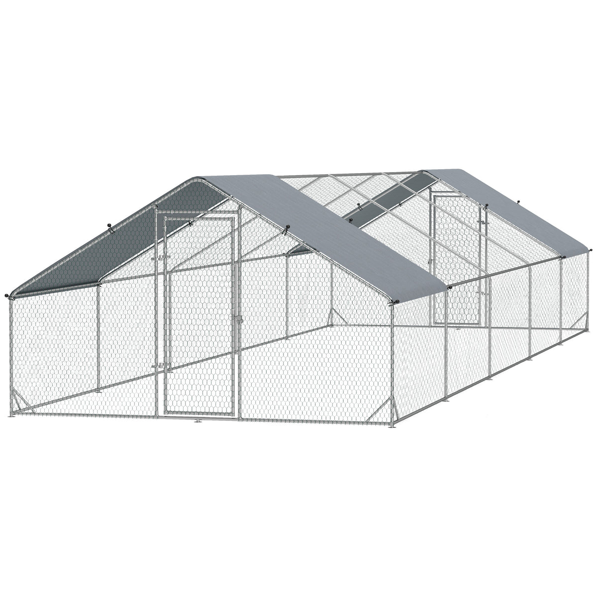 Metal Chicken Coop - 9.8' x 32.8' x 6.4' Silver Galvanized Steel-Small Animal Supplies-DECOROLALA